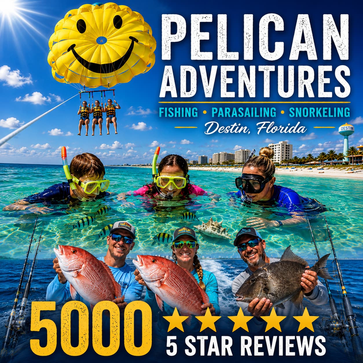 Pelican Adventures, Fishing, Parasail, Snorkel, Destin, Florida, Phone Header